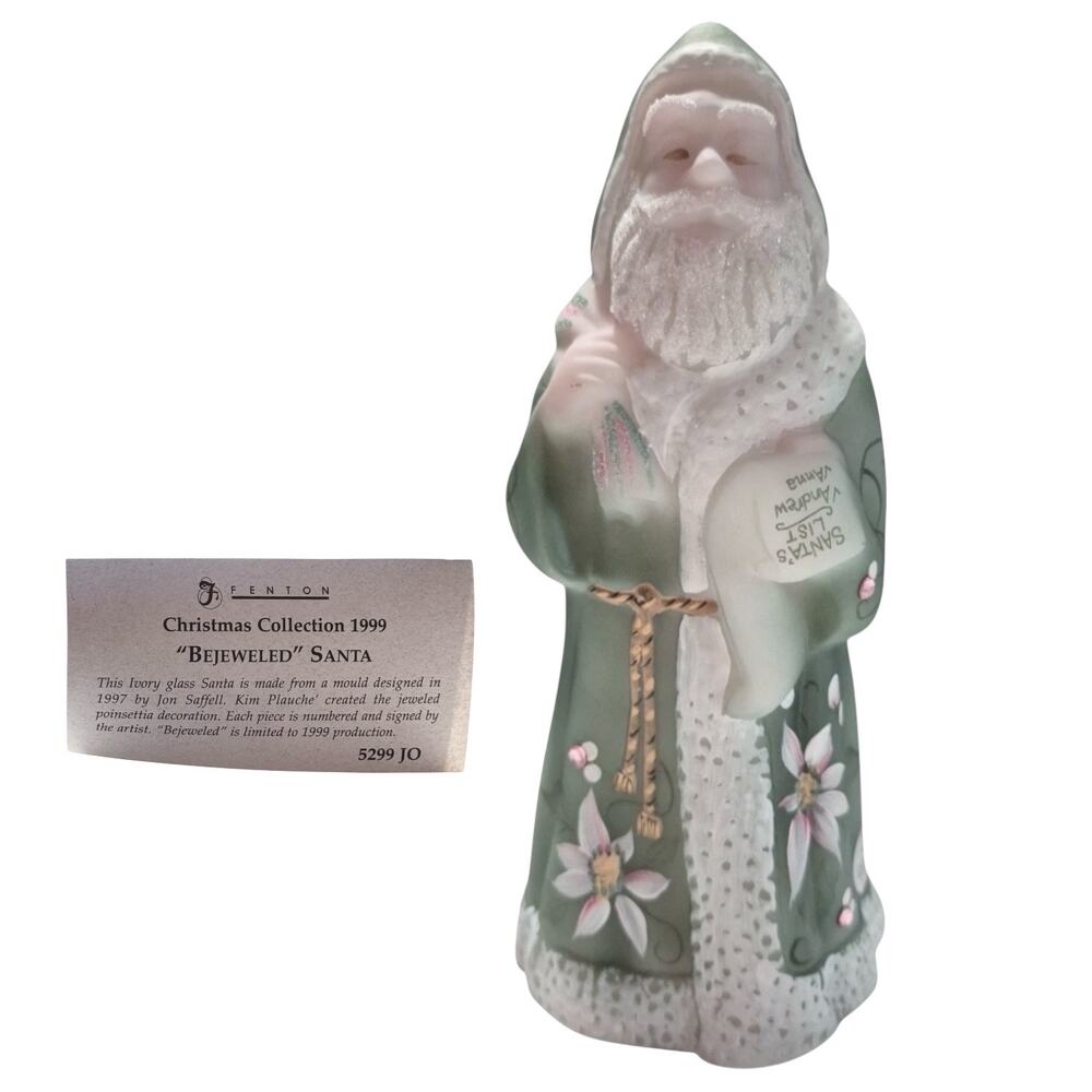 Fenton Glass Santa Figurine Limited Edition Signed Bejewled Green Holiday Decor